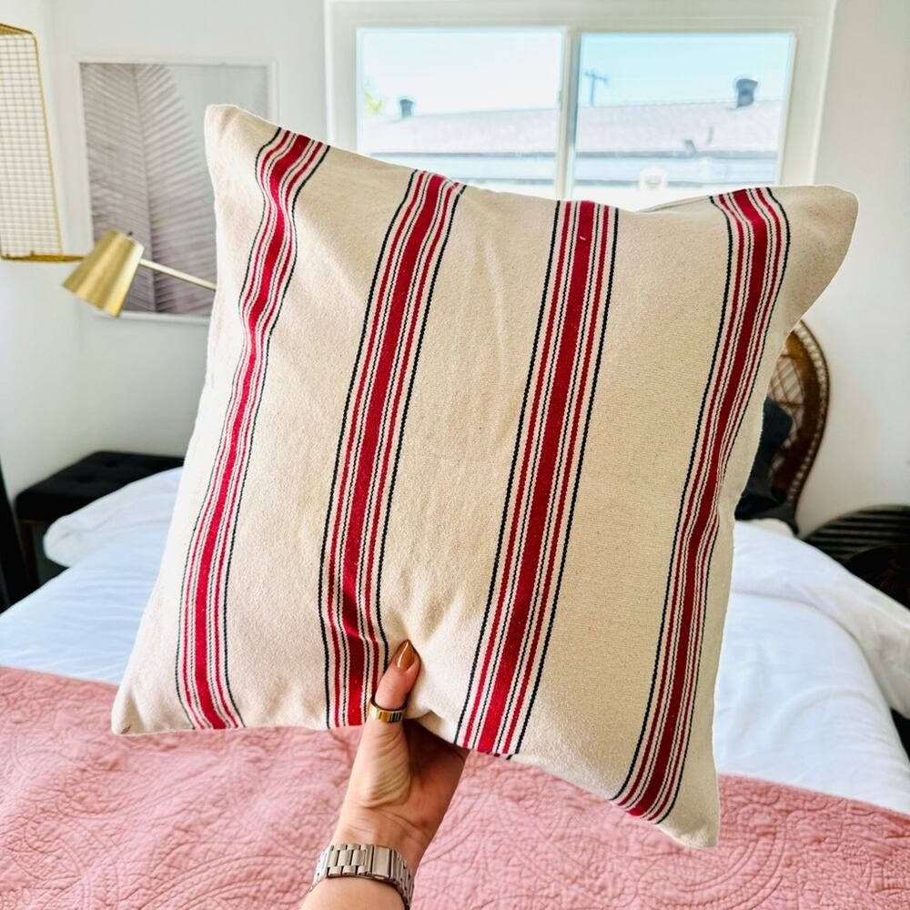 POTTERY BARN Red Black Tan Cream Bold Stripe Pattern Pillow Case Sham 20" Square - Picture 4 of 13